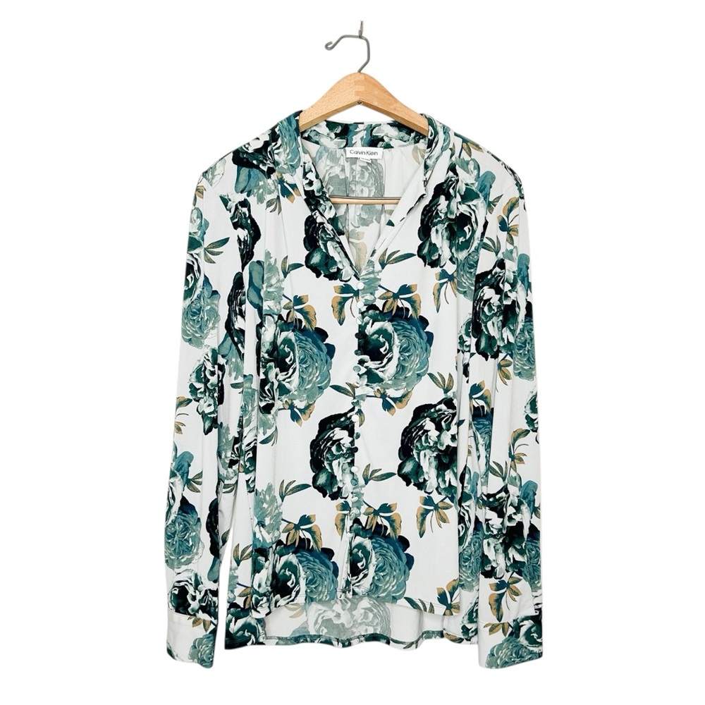 Calvin Klein Faux Button Front Long Sleeve Floral Print Blouse Medium‎ M